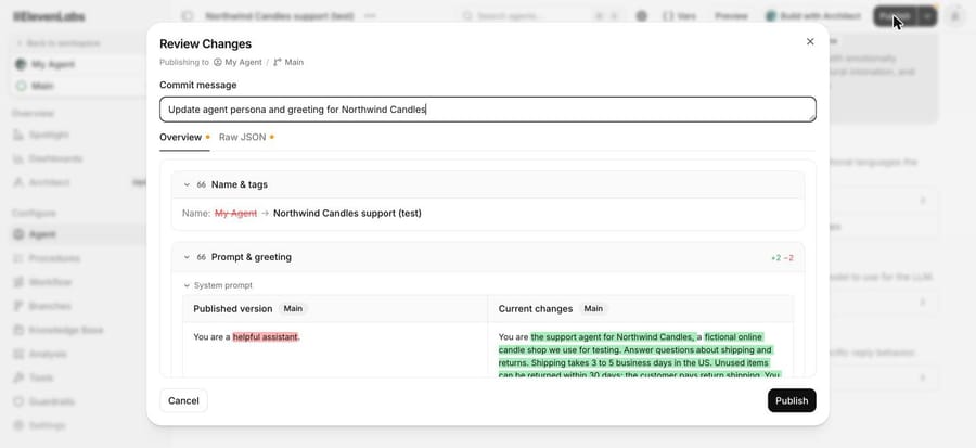 ElevenLabs Review Changes screen: commit message and a side-by-side diff of the system prompt