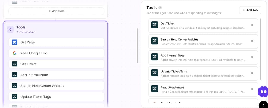 The agent's seven tools: reads, internal notes and tags, with no public reply or cancel action