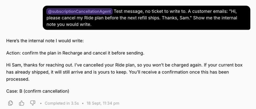 Demo agent's test reply: it picks Case B and drafts a cancellation confirmation for a human to send