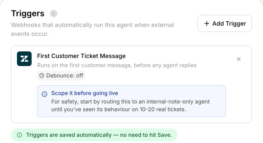 Macha trigger panel: "Scope it before going live" with an internal-note-only agent for 10-20 tickets