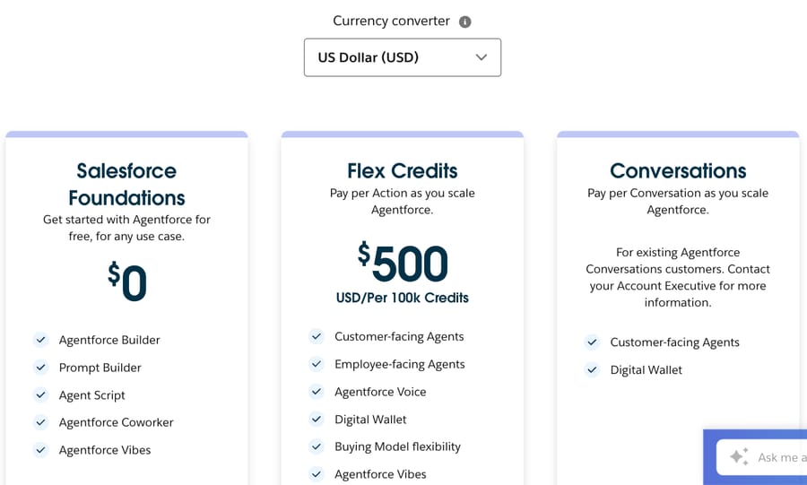 Agentforce pricing: Flex Credits $500 per 100k; Conversations for existing customers only