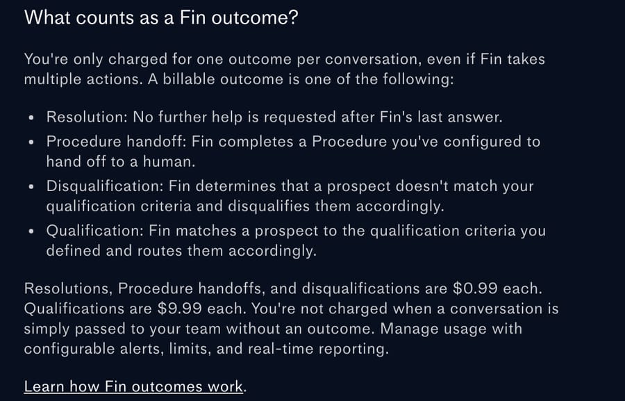 Fin pricing FAQ: resolutions and procedure handoffs cost $0.99; qualifications $9.99