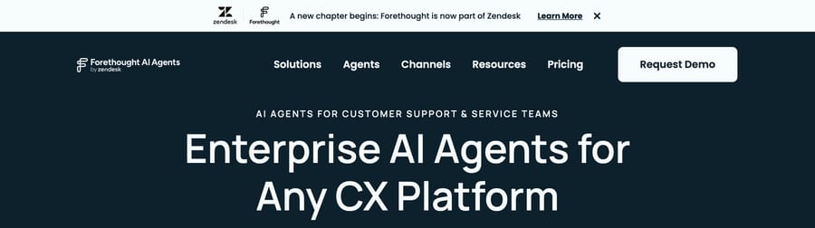 Forethought homepage banner: "Forethought is now part of Zendesk", Forethought AI Agents by Zendesk