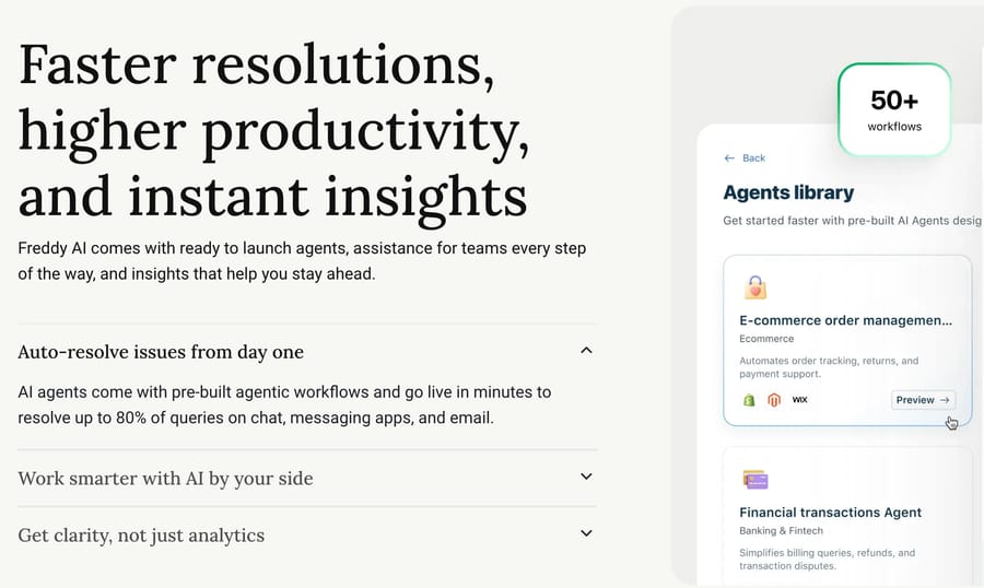 Freshworks Freddy AI page: an agents library and a claim of up to 80% of queries resolved