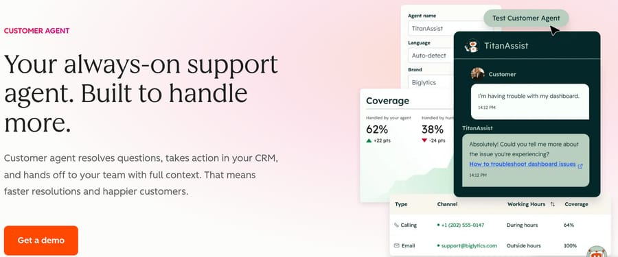 HubSpot Customer Agent page: agent settings, a test chat and agent-versus-human coverage