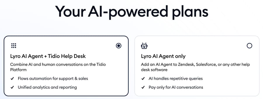 Tidio pricing: Lyro with Tidio's help desk, or on its own for Zendesk or Salesforce