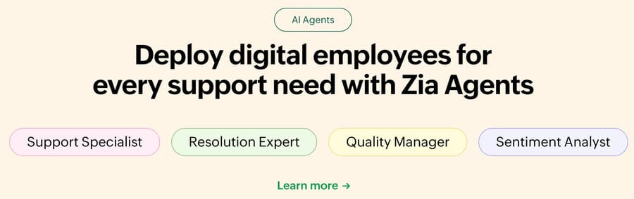 Zoho Desk's Zia page: Zia Agents as Support Specialist, Resolution Expert and two more roles