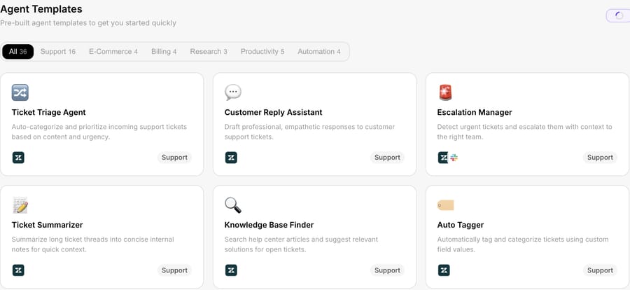 Macha agent templates: triage, reply drafting, escalation, summarizer, KB finder, auto tagger