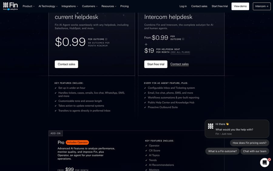 Fin pricing page: $0.99 per outcome, 50-outcome minimum, Intercom seats at $19 (the annual-billing price)