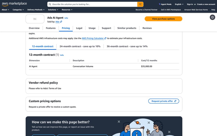 Ada AI Agent on AWS Marketplace as read on 22 September 2026: Conversation Volume, $35,000 for a 12-month contract; the listing has since switched to custom pricing