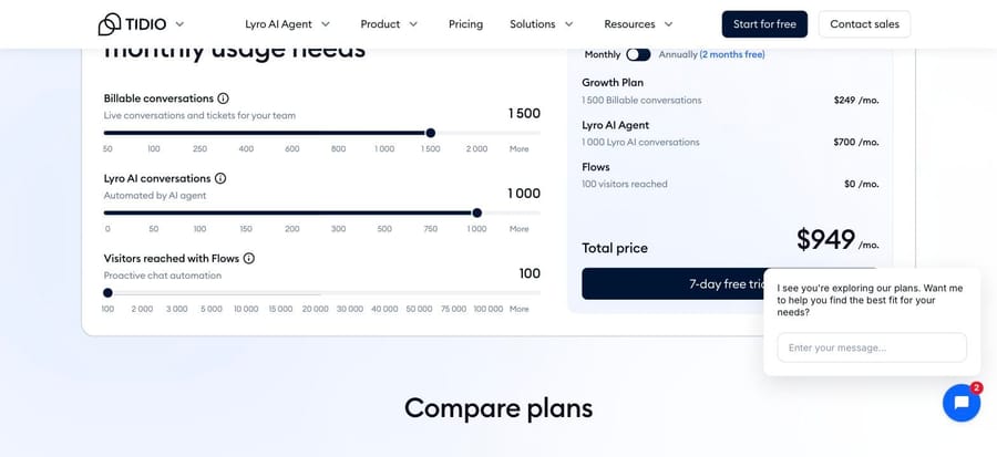 Tidio calculator: Growth with 1,500 human and 1,000 Lyro conversations for $949 a month
