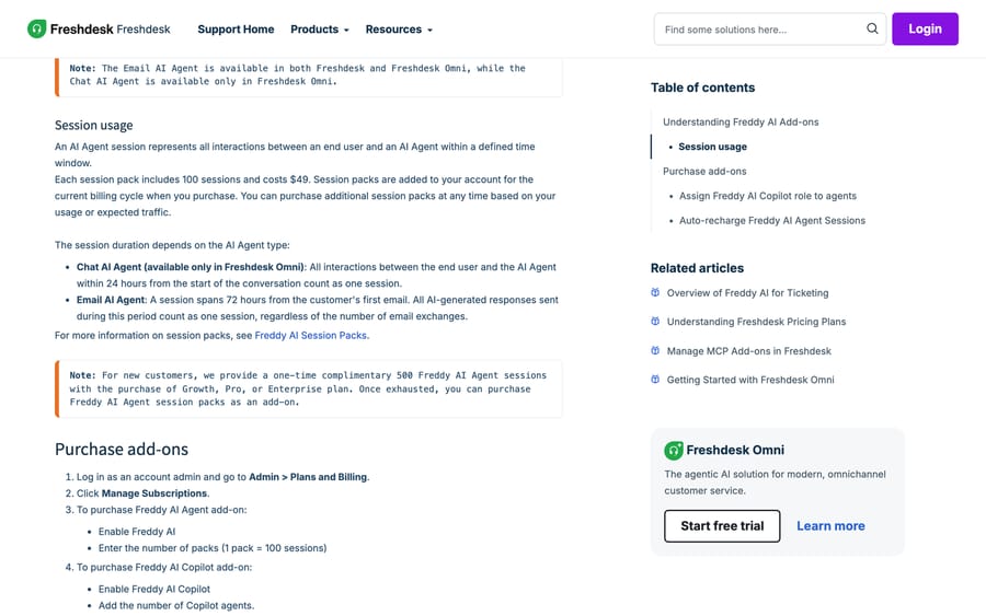Freshdesk help article: each Freddy AI Agent pack is 100 sessions for $49; chat agent only in Freshdesk Omni
