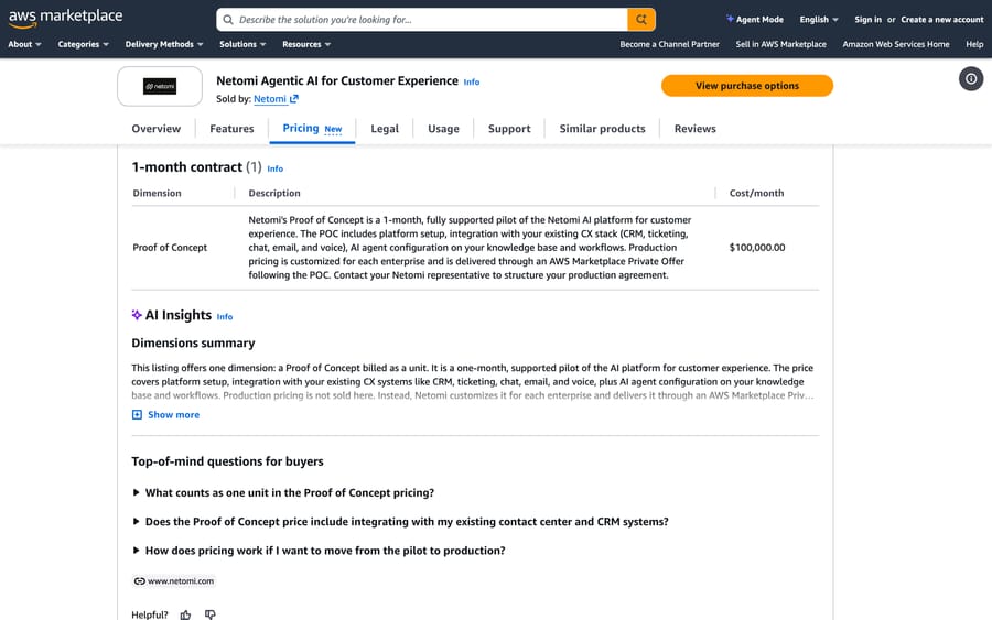 Netomi on AWS Marketplace: a one-month proof of concept listed at $100,000