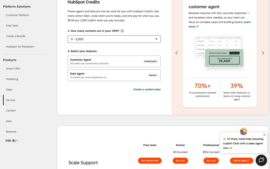 HubSpot pricing: Customer Agent at 50 credits per resolved conversation, $9 per 1,000 credits
