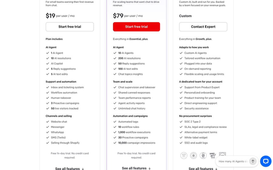 ChatBot.com plans: $19 and $79 per user a month, with 10 and 200 AI resolutions included