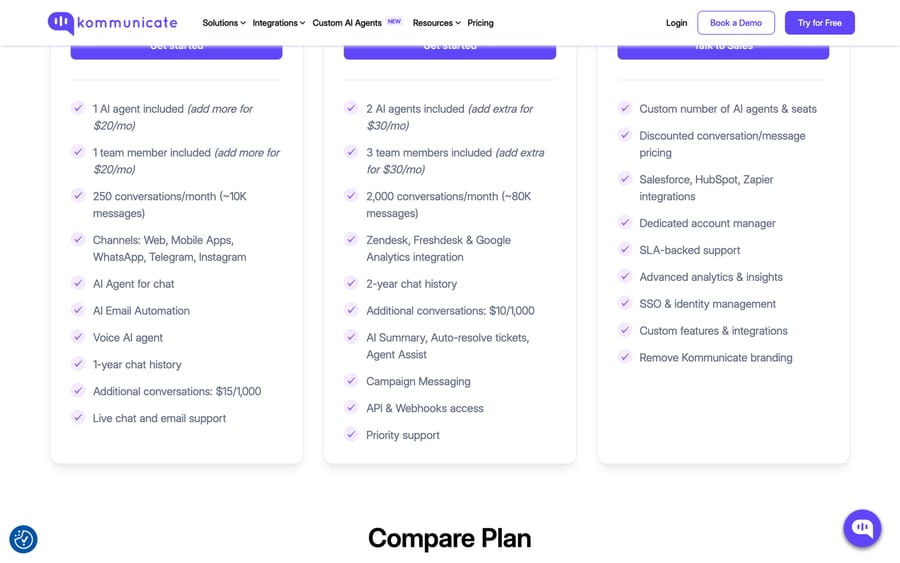 Kommunicate plans: 250 conversations on Starter, 2,000 on Professional, extra at $10 per 1,000