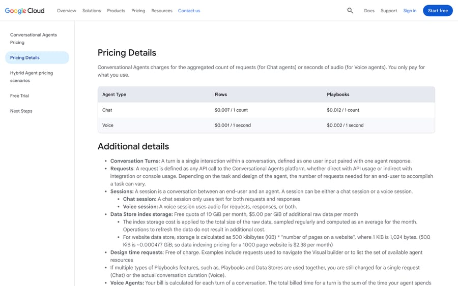 Google Cloud pricing: chat at $0.007 per request on Flows and $0.012 on Playbooks