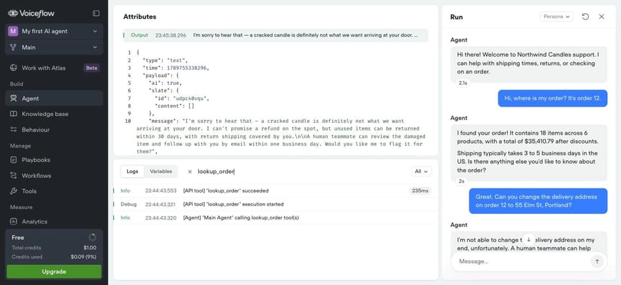 Voiceflow log: agent calls lookup_order, the API tool succeeds in 235 ms, and the reply quotes order 12