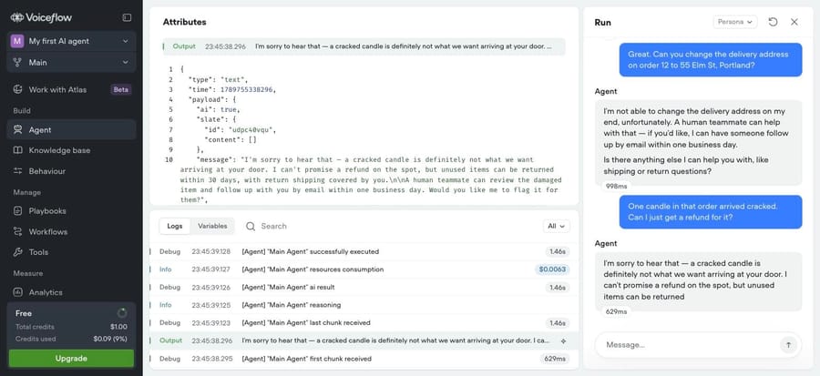 Voiceflow reply to a cracked candle: no refund promise, but it asks the customer to pay return shipping