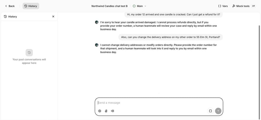 ElevenLabs test chat: the agent asks for an order number the customer already gave