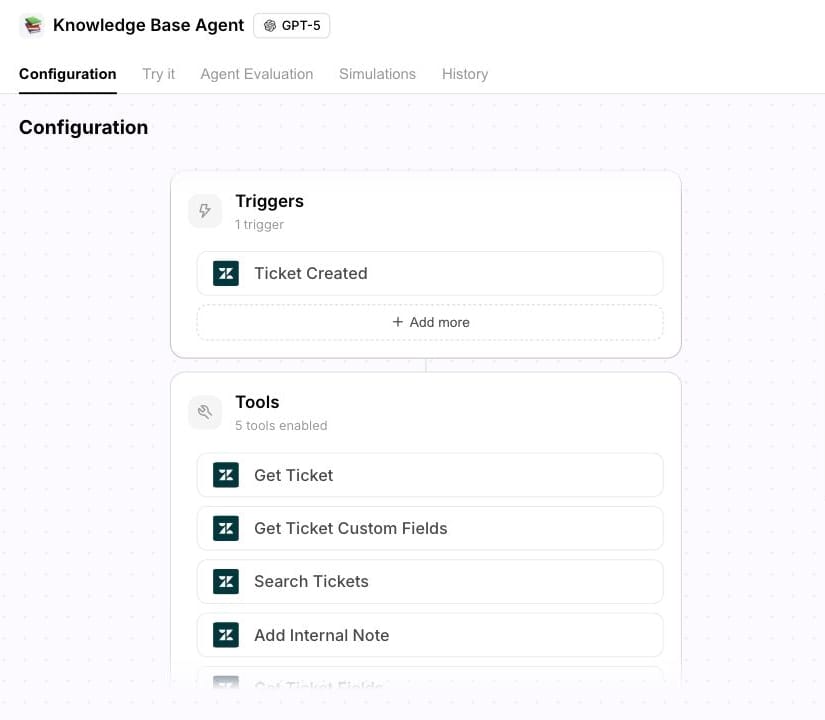 Our demo workspace: an agent triggered by Zendesk Ticket Created, with Get Ticket and Add Internal Note tools