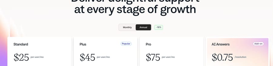 Help Scout pricing: $25, $45 and $75 per user; AI Answers add-on at $0.75 per resolution