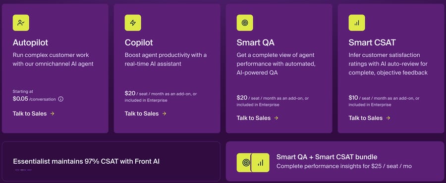 Front AI add-ons: Autopilot from $0.05 a conversation; Copilot and Smart QA $20 a seat