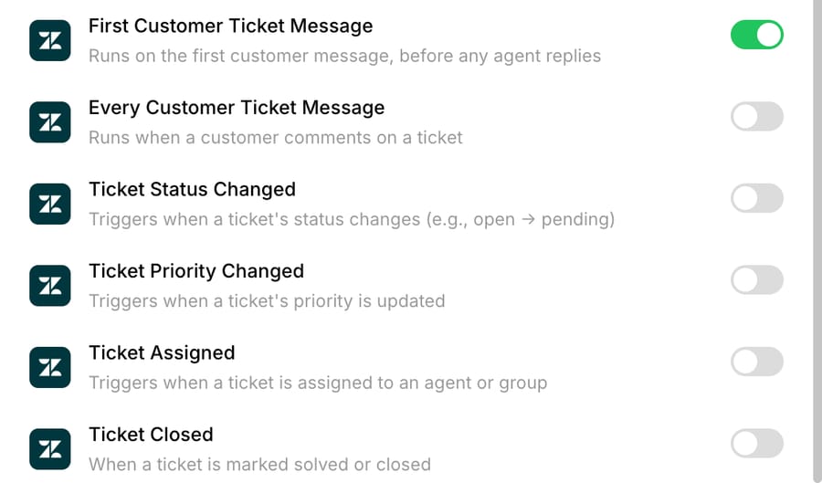 Macha demo workspace, Sep 18, 2026: Zendesk trigger events from the first customer message to ticket closed