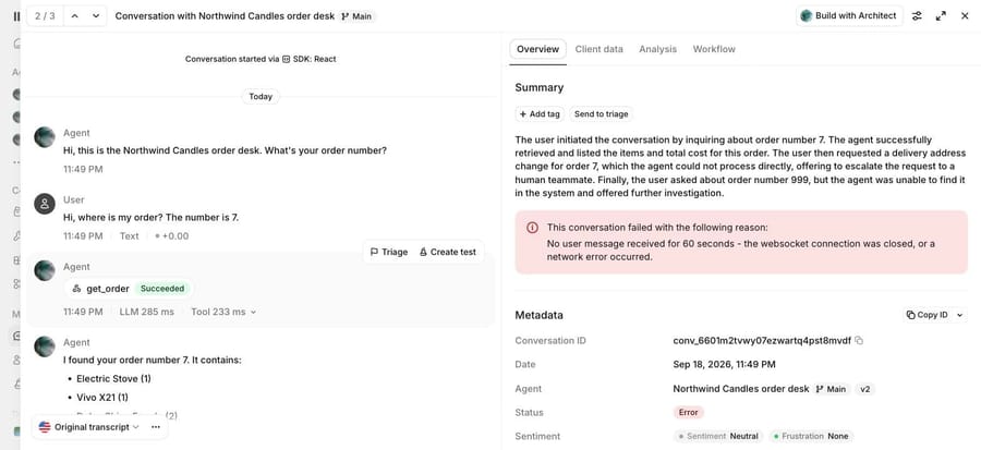 ElevenLabs log: get_order Succeeded, and the conversation marked failed after 60 seconds with no message