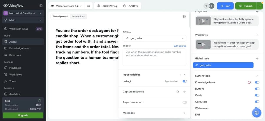 Our Voiceflow agent: get_order API tool with an agent-collected order_id, ~$0.017 a message shown up top