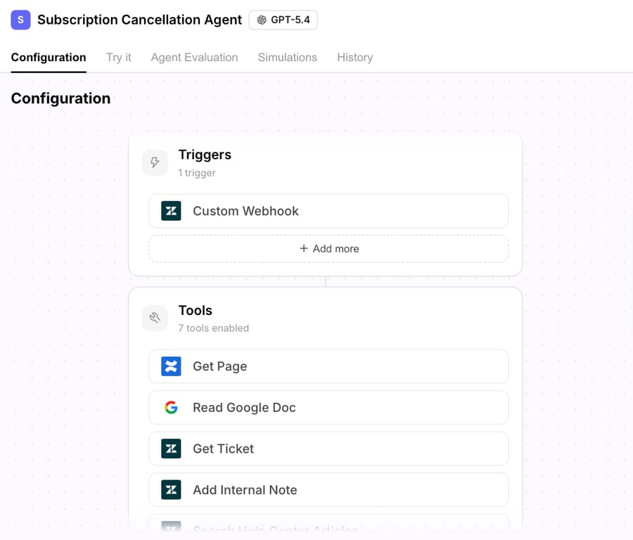 A Macha agent in our demo account: Zendesk webhook trigger, Confluence, Google Doc and Zendesk ticket tools
