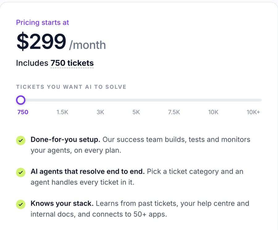 Macha pricing: from $299 a month for 750 tickets, done-for-you setup on every plan