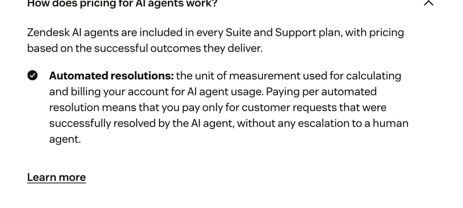 Zendesk pricing FAQ: AI agents billed per automated resolution, only for requests resolved without escalation