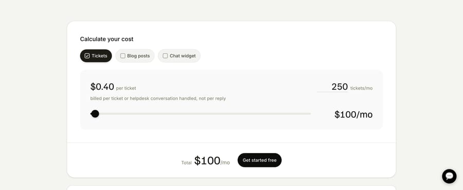 eesel AI pricing calculator: $0.40 per ticket, billed per ticket or conversation handled, not per reply