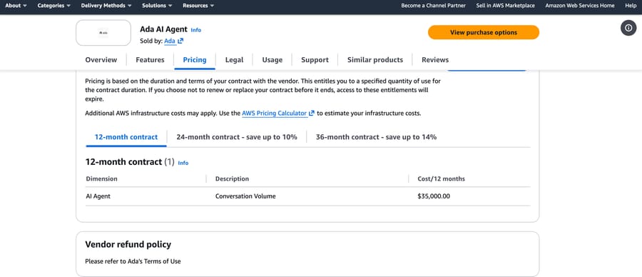 Ada AI Agent on AWS Marketplace: one Conversation Volume dimension at $35,000 for a 12-month contract