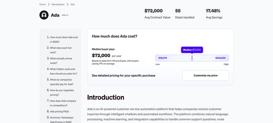 Vendr's Ada page: median buyer pays $72,000 a year, from $36,079 to $309,200, across 114 purchases