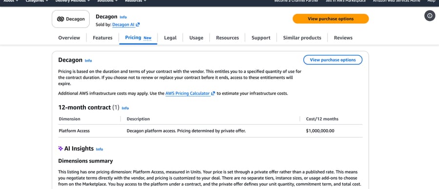 Decagon on AWS Marketplace: Platform Access, pricing determined by private offer, $1,000,000 placeholder