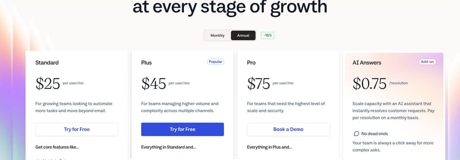 Help Scout pricing: Standard $25, Plus $45, Pro $75 per user; AI Answers add-on at $0.75 a resolution