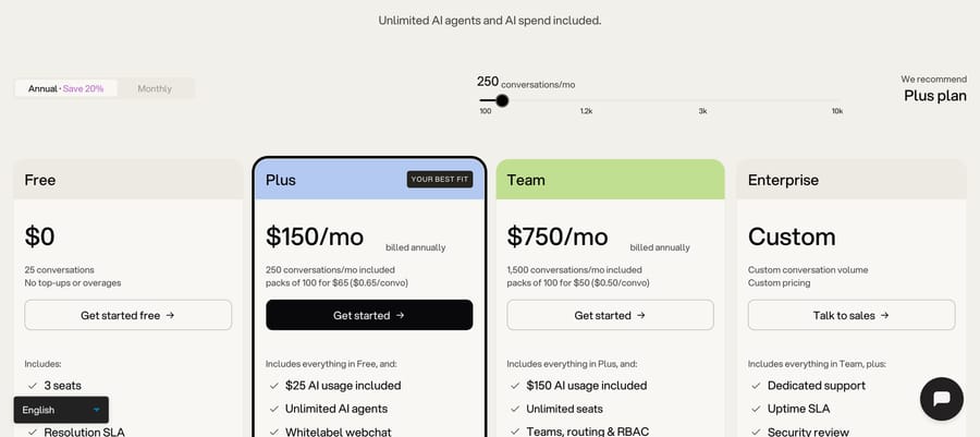 Botpress pricing: Free, Plus $150 and Team $750 a month billed annually, Enterprise custom