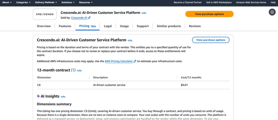 Crescendo.ai on AWS Marketplace: a single CX dimension listed at $0.01 for a 12-month contract