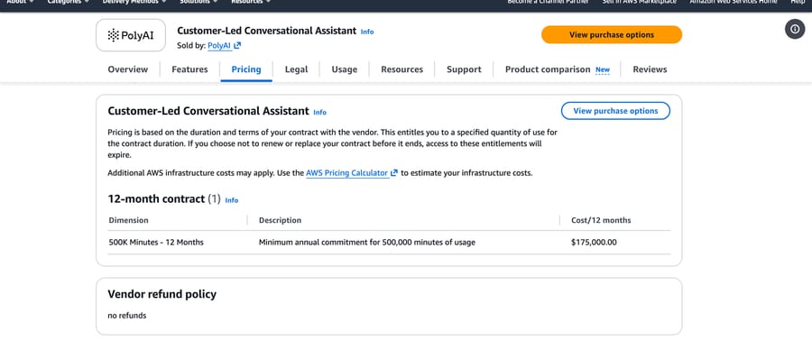 PolyAI on AWS Marketplace: minimum annual commitment of $175,000 for 500,000 minutes