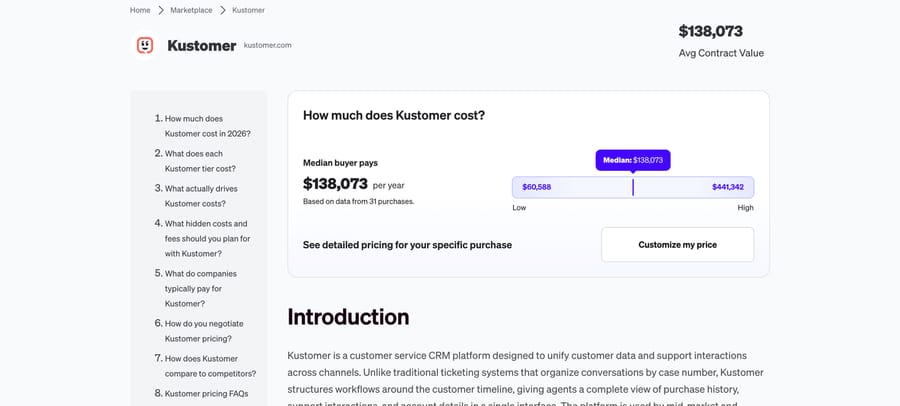 Vendr's Kustomer page: median contract $138,073 a year, from $60,588 to $441,342, 31 purchases