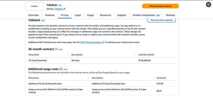 Talkdesk on AWS Marketplace: CX Cloud Essentials, 50 users, $135,000 for a 36-month contract