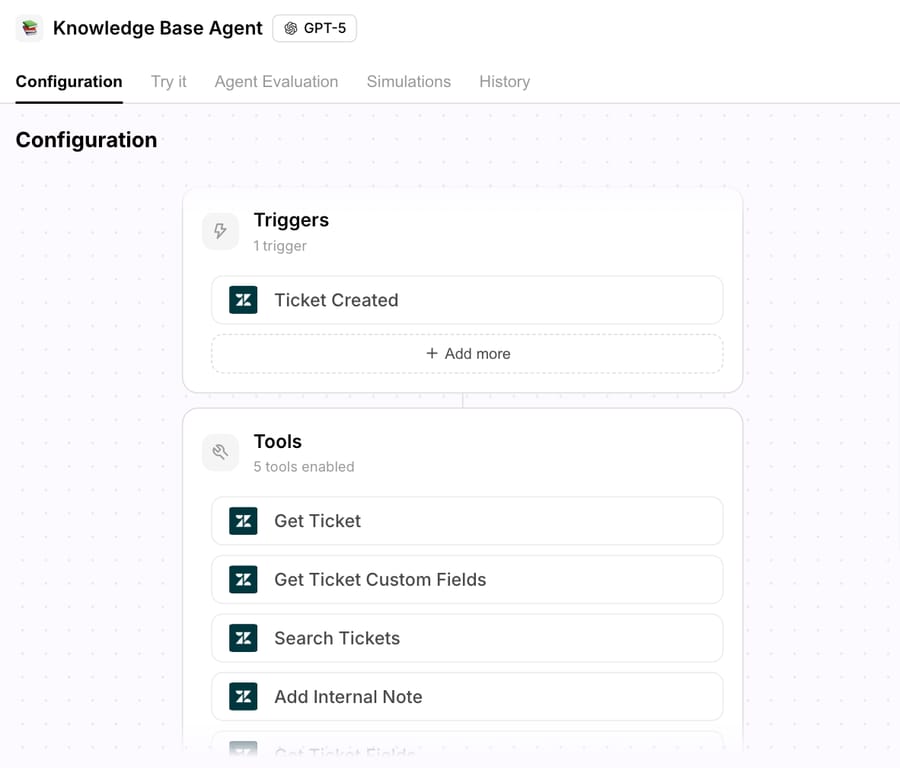A Macha agent in our demo account: Zendesk Ticket Created trigger and Zendesk ticket tools