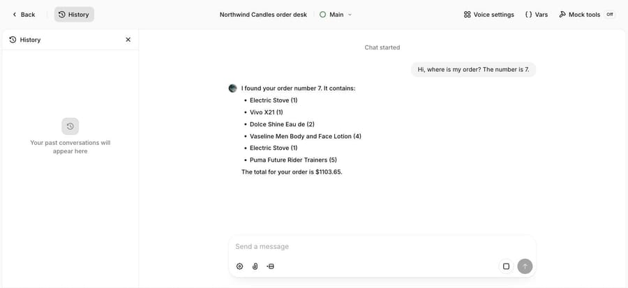 ElevenLabs test chat: the agent lists order 7's six items and a $1,103.65 total from the tool