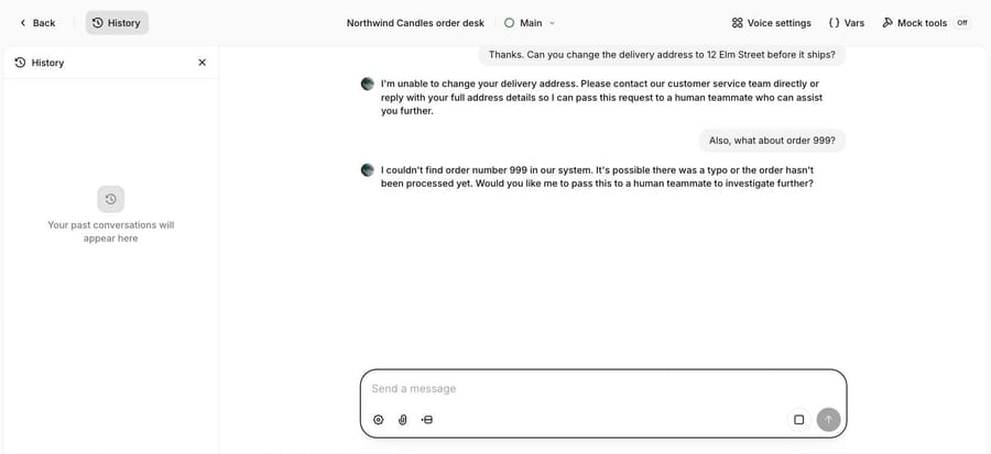 ElevenLabs test chat: can't change the address, asks for it to pass to a human, and can't find order 999