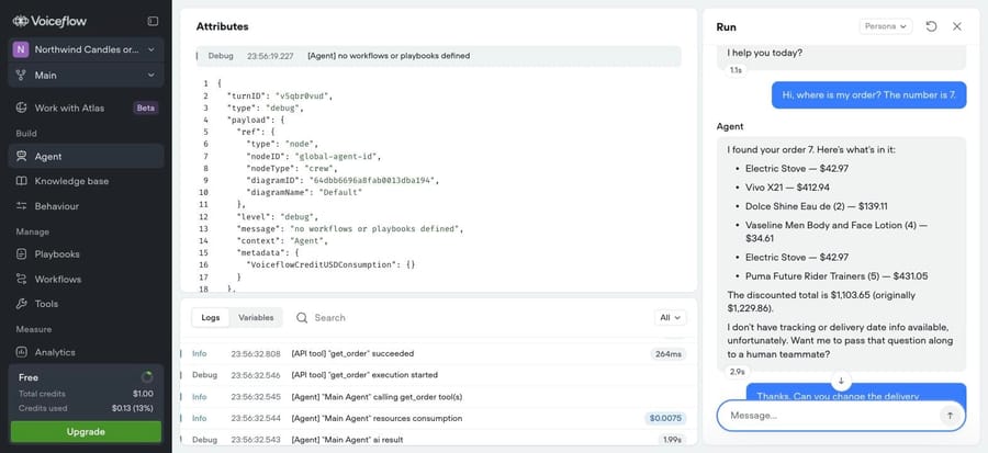 Voiceflow run: get_order tool call succeeded in 264 ms, model step logged at $0.0075, order total $1,103.65