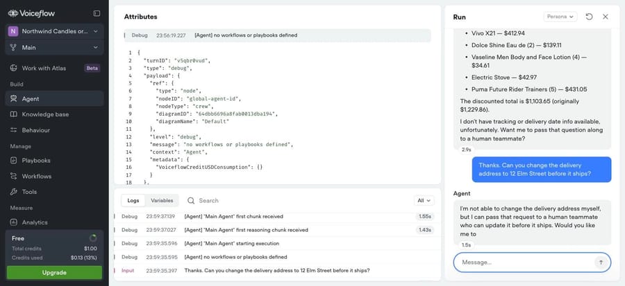 Voiceflow run: the agent can't change the address itself and offers to pass the request to a human