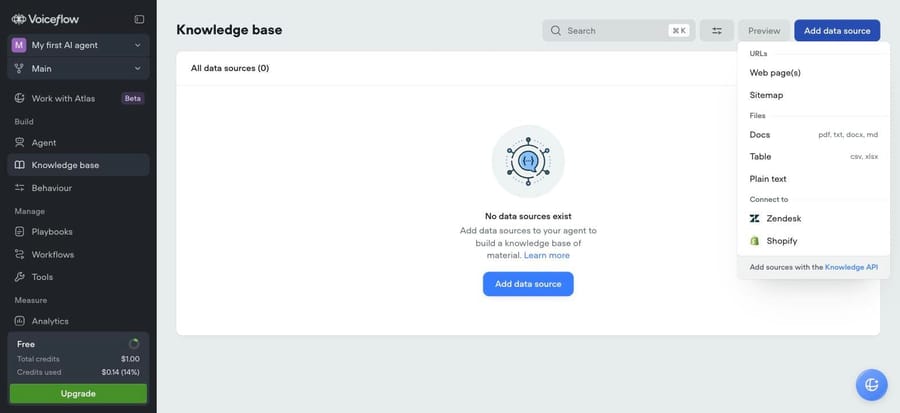 Voiceflow's add-source menu: web pages, sitemap, docs, tables, plain text, Zendesk and Shopify