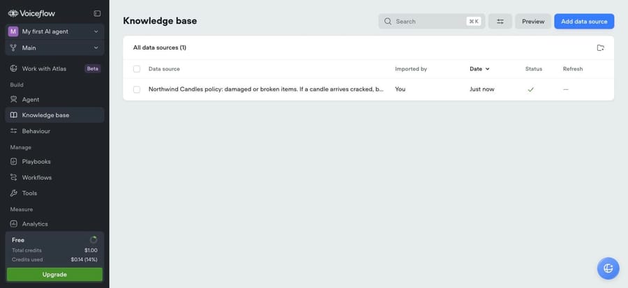 Voiceflow knowledge base with the one imported damaged-items policy, status complete